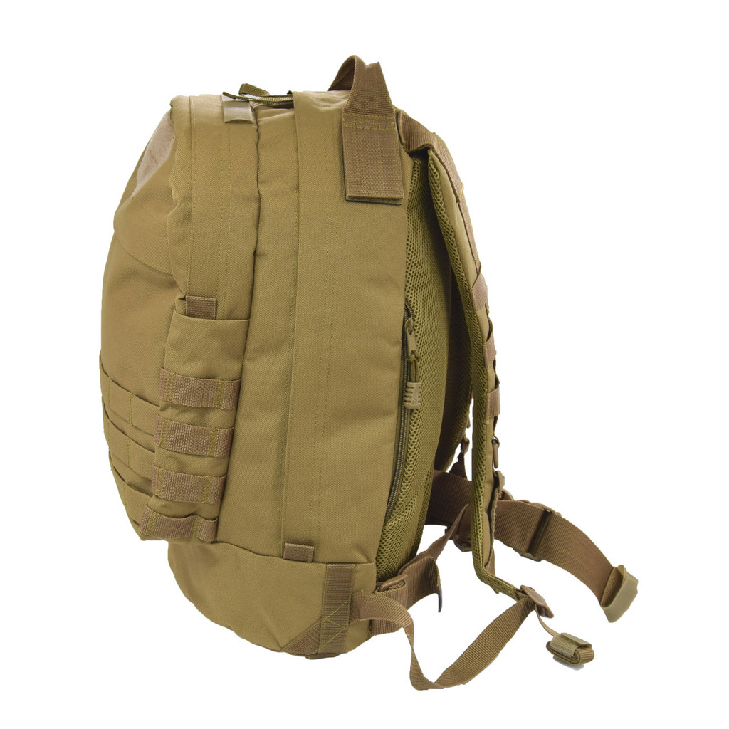 Pecos Tactical Backpack in Coyote Brown other side view with expanded storage capability with PALS / MOLLE webbing on front, sides, and backpack straps to attach MOLLE compatible pouches and gear.