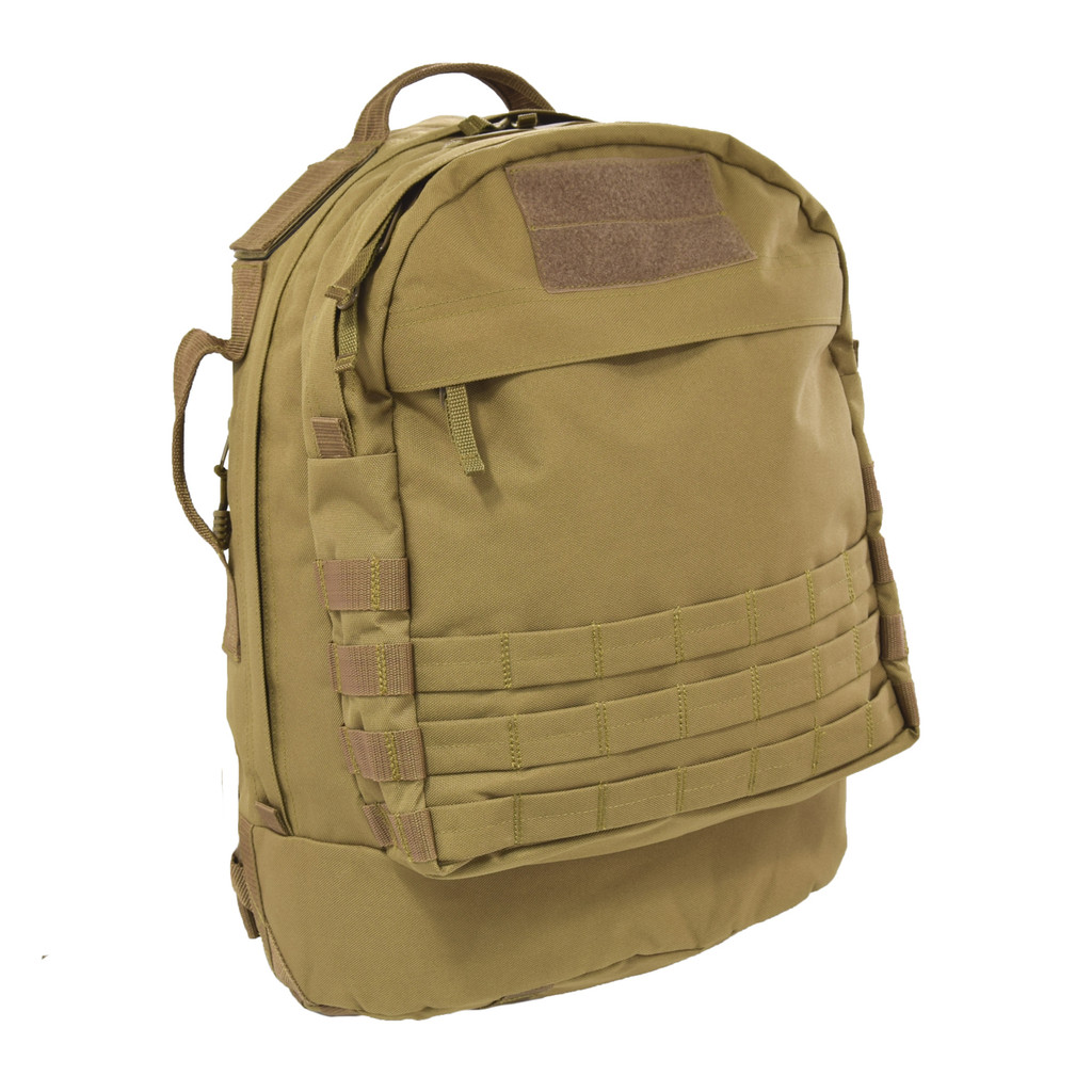 Pecos Tactical Backpack in coyote brown VELCRO® on top with front zippered pocket and MOLLE webbing.