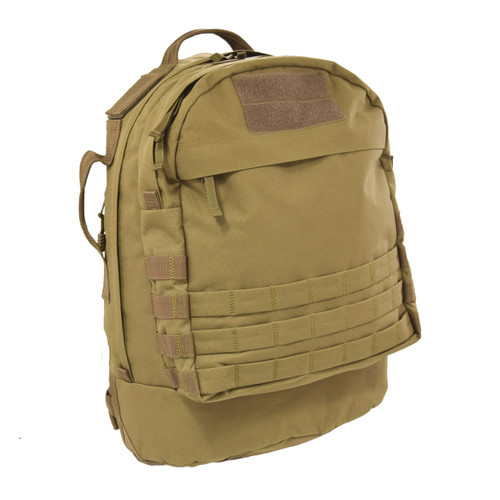 Pecos Tactical Backpack in coyote brown VELCRO® on top with front zippered pocket and MOLLE webbing.