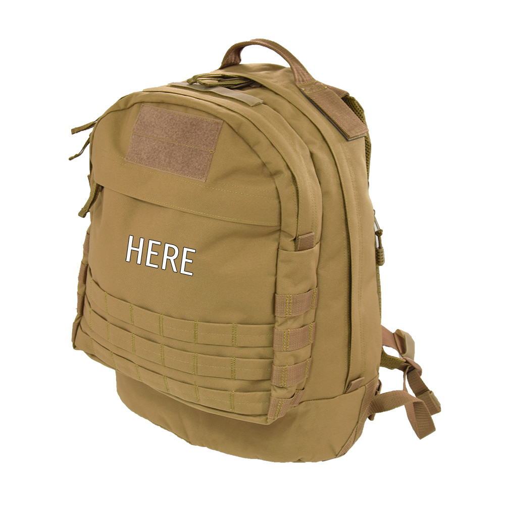 Monogram placement shown on front pocket of the Pecos Tactical Backpack in Coyote Brown.