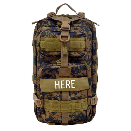 Presidio Tactical Assault Pack in Woodland Camo showing monogram placement on center VELCRO® strip.