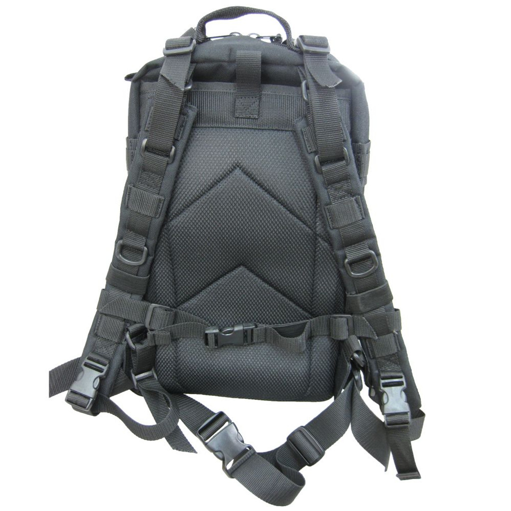 Presidio Tactical Assault Pack in black back with backpack straps, waist belt, and padded back with cool comfort mesh.
