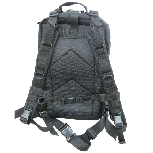 Presidio Tactical Assault Pack in black back with backpack straps, waist belt, and padded back with cool comfort mesh.