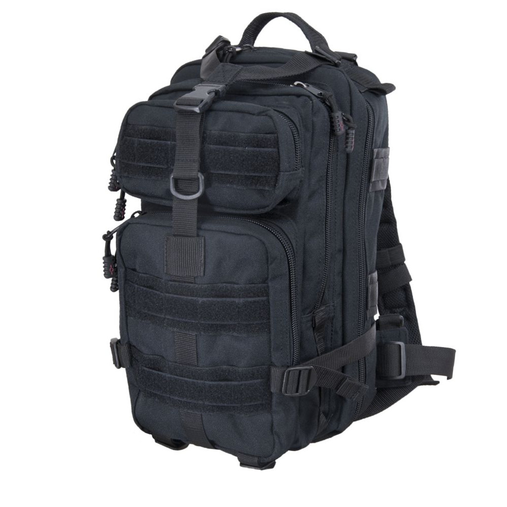 Presidio Tactical Assault Pack in black with two front pockets with VELCRO® and MOLLE webbing on the front.