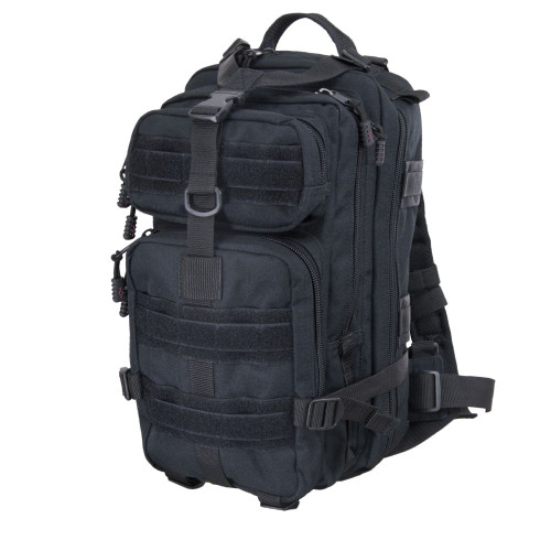 Presidio Tactical Assault Pack in black with two front pockets with VELCRO® and MOLLE webbing on the front.