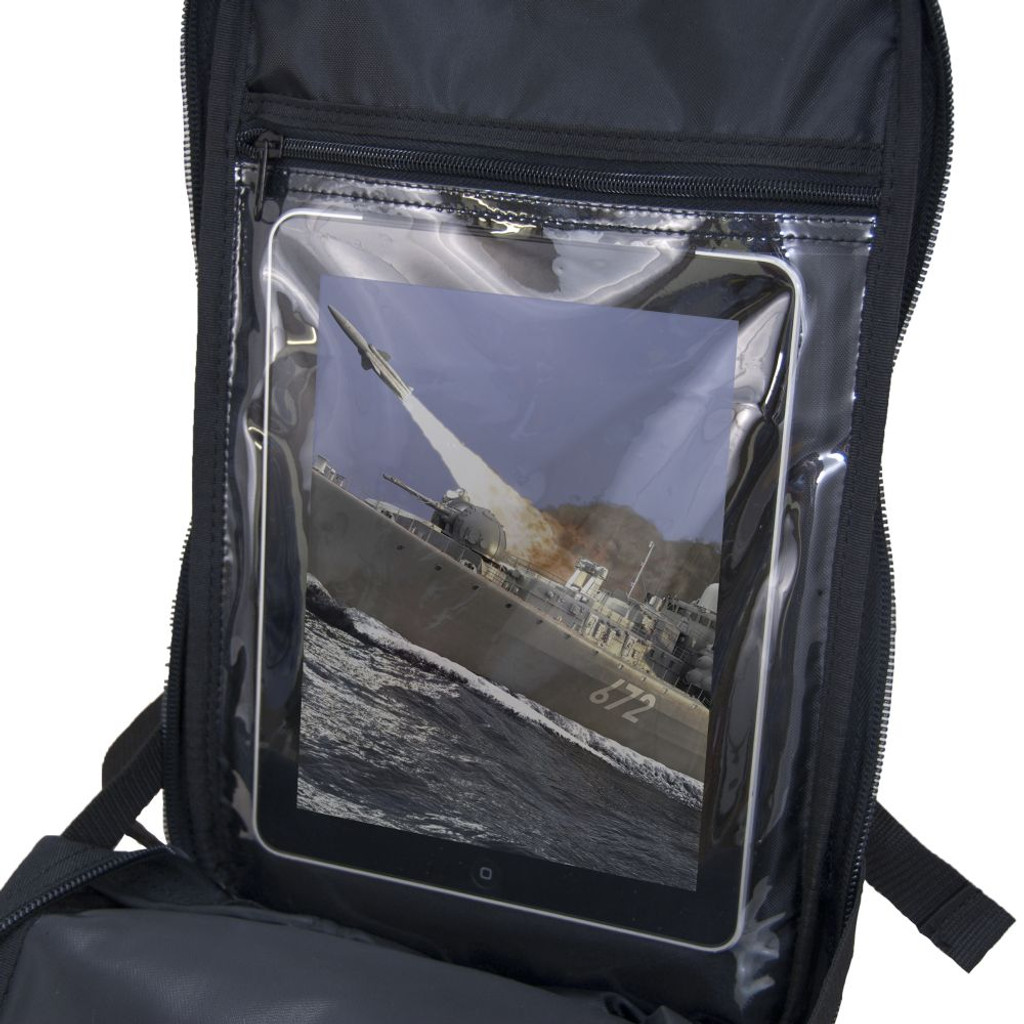 Presidio Tactical Assault Pack in black main compartment opened showing touchscreen vinyl tablet pocket.