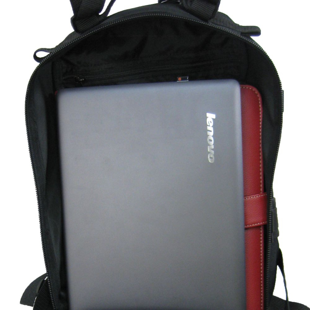 Presidio Tactical Assault Pack in black with large back pocket opened with laptop inside showing plenty of room for a tablet, laptop, folders, etc.