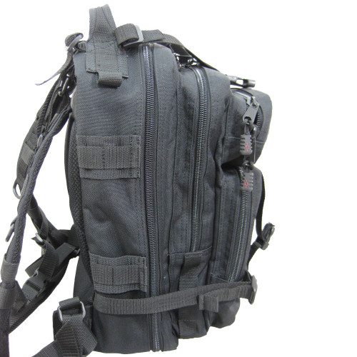 Presidio Tactical Assault Pack in black side view showing compression straps across sides and front.