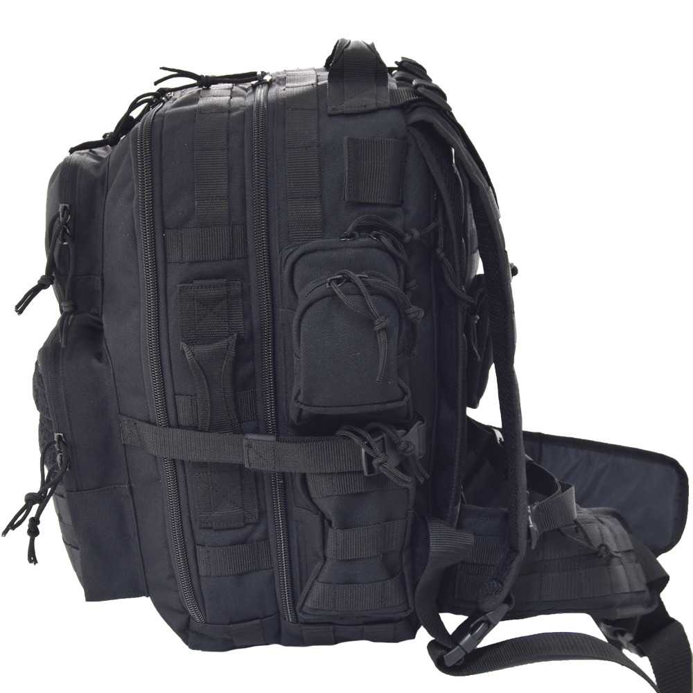 Brazos Concealed Carry Backpack in black with side pockets, MOLLE webbing and compression straps on side.