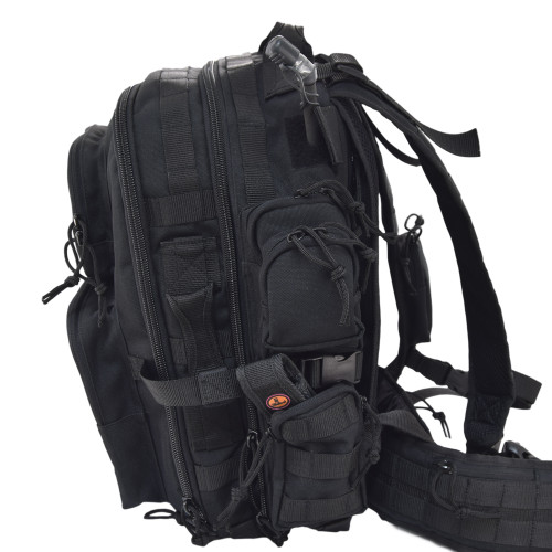 Brazos Concealed Carry Backpack in black with side pockets, MOLLE webbing and compression straps on side, shown with contents in side pocket and hydration reservoir tubing.