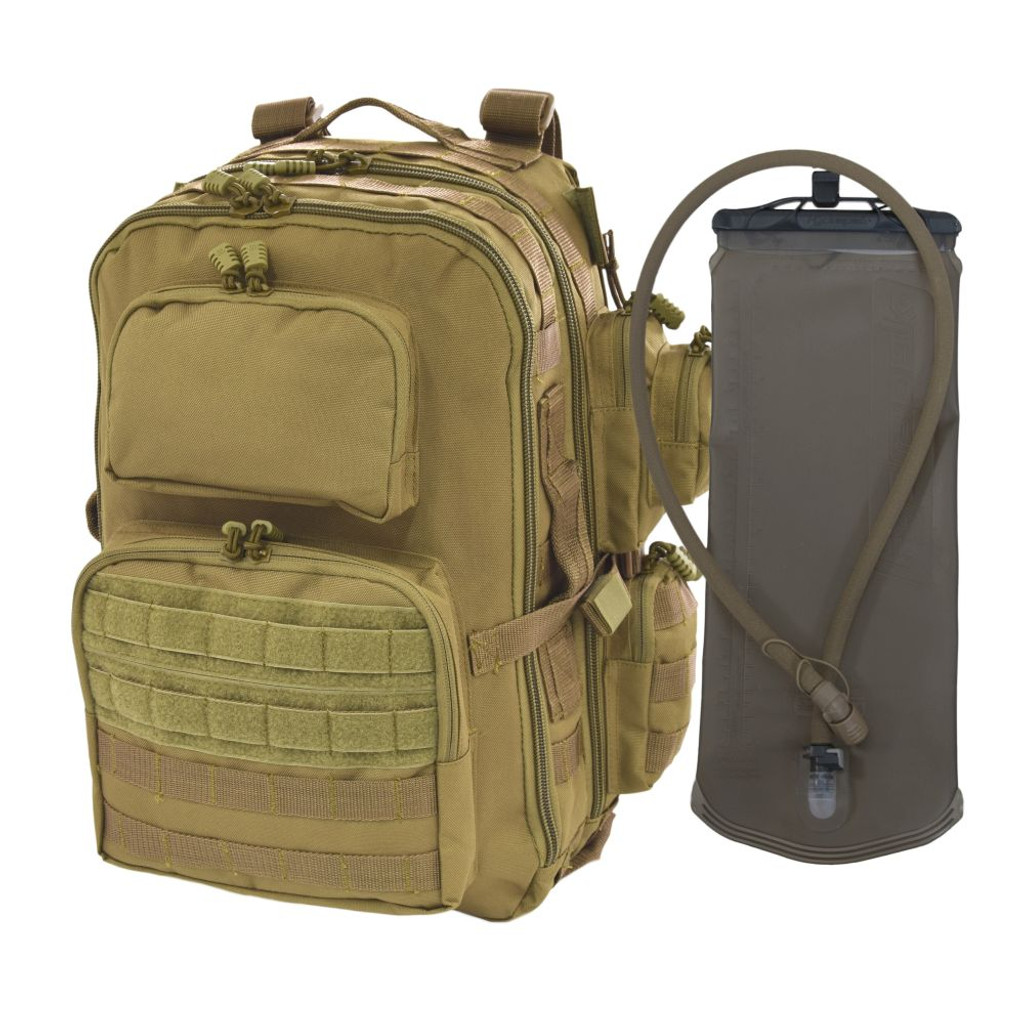 Brazos Concealed Carry Backpack in coyote brown shown with Hydrapak® reservoir.  The backpack is compatible with 3 liter hydration pouches.  Purchase a Hydrapak® for a complete hydration system!