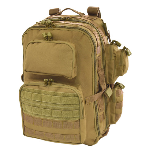 Brazos Concealed Carry Backpack in coyote brown with two front pockets, one with MOLLE webbing and loop backing for name tape and patches.