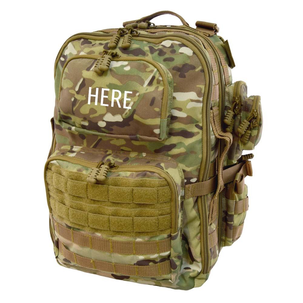 Brazos Backpack in MultiCam® showing monogram placement on top pocket.
