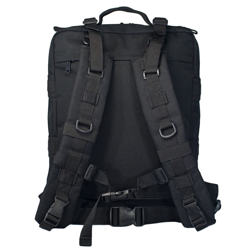 Back of black Midland Backpack with padded backpack straps with D-rings and elastic loops, sternum and waist straps, and back pocket with top and bottom zippers to slip on rolling luggage.