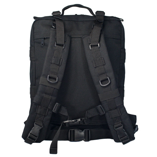Back of black Midland Backpack with padded backpack straps with D-rings and elastic loops, sternum and waist straps, and back pocket with top and bottom zippers to slip on rolling luggage.