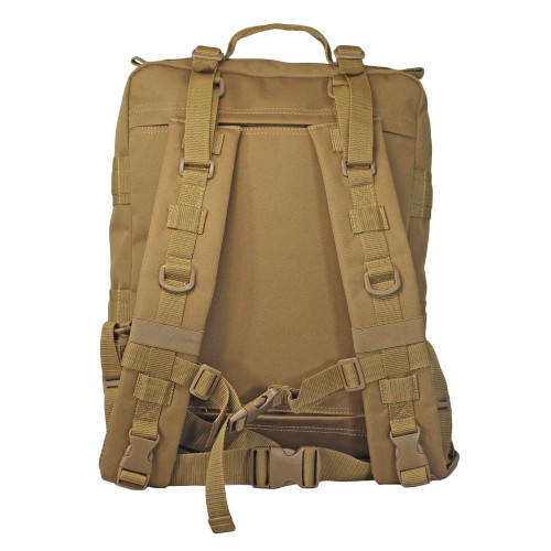 Back of coyote brown Midland Backpack with padded backpack straps with D-rings and elastic loops, sternum and waist straps, and back pocket with top and bottom zippers to slip on rolling luggage.