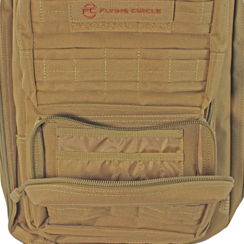 Bottom front pocket on coyote brown Midland Backpack with organizer panel inside.