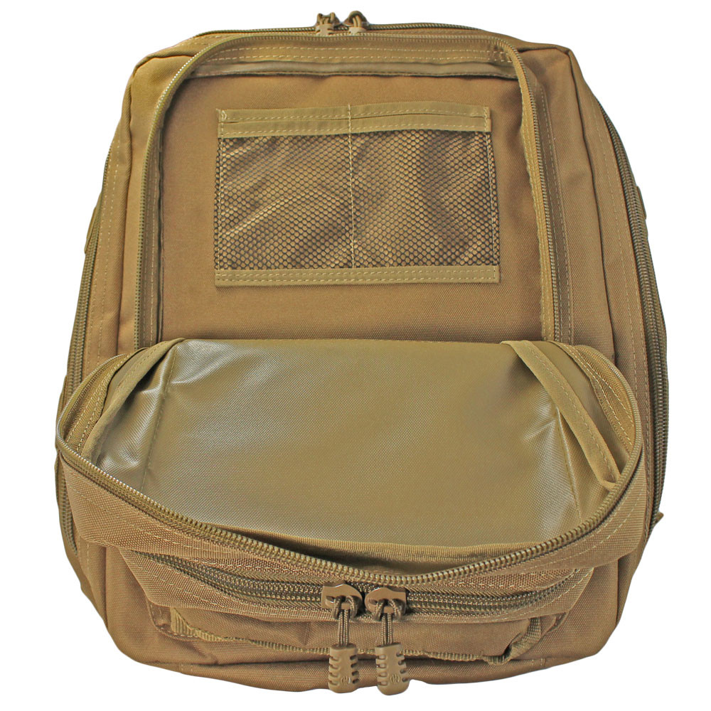 Center pocket with a mesh organizer panel inside coyote brown Midland Backpack.