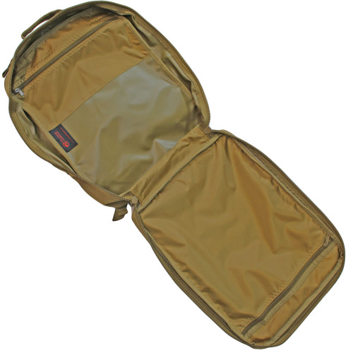 Opened large main compartment on coyote brown Midland Backpack with 180-degree zippers for hassle-free packing and convenient access to gear. 