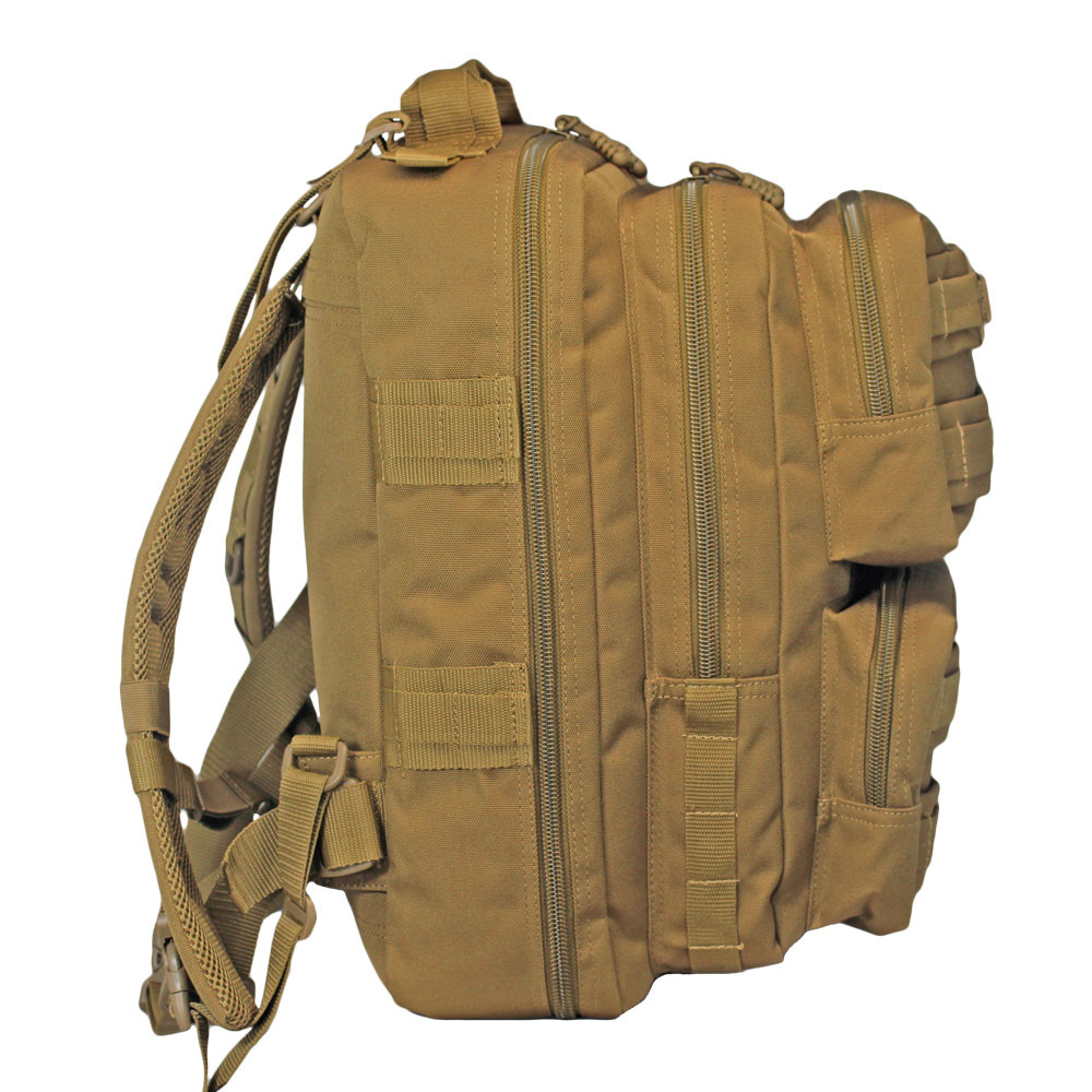 Side of coyote brown Midland Backpack with more webbing for attaching gear.