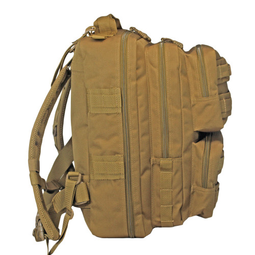 Side of coyote brown Midland Backpack with more webbing for attaching gear.
