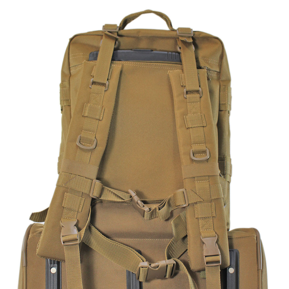 Two zippers on back side of coyote brown Midland Backpack to slip over rolling luggage handle or use as an extra pocket. Shown on the handle of the coyote brown Mini Buffalo Rolling Duffel.