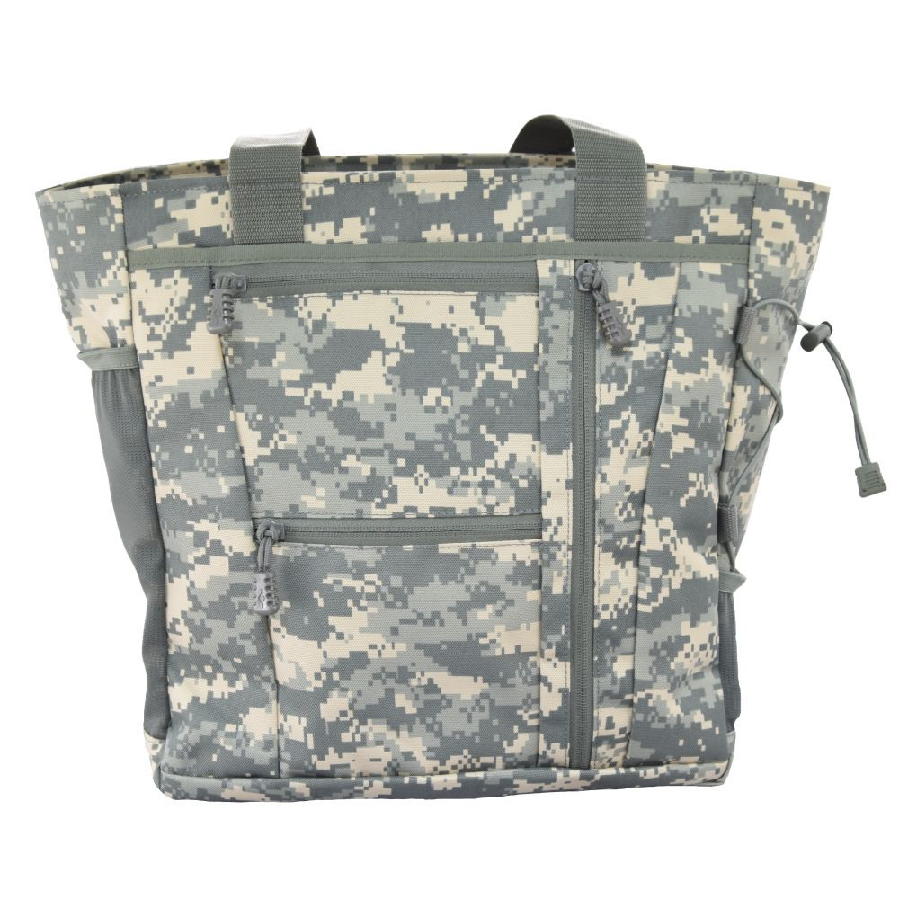 Deluxe Travel Tote in ACU with top handles, two front pockets and small mesh pocket on side with cinch strap.