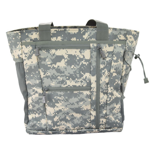 Deluxe Travel Tote in ACU with top handles, two front pockets and small mesh pocket on side with cinch strap.