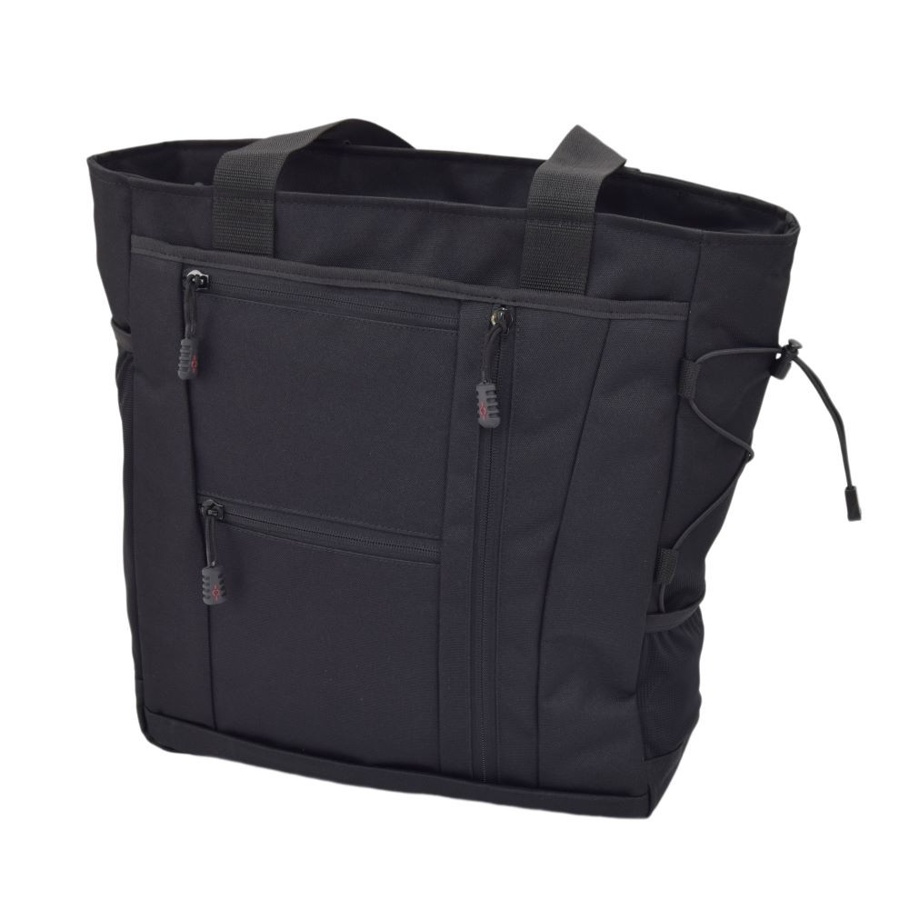 Deluxe Travel Tote in Black with top handles, two front pockets and small mesh pocket on side with cinch strap.