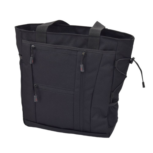 Deluxe Travel Tote in Black with top handles, two front pockets and small mesh pocket on side with cinch strap.