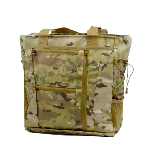 Deluxe Travel Tote in MultiCam® with top handles, two front pockets and small mesh pocket on side with cinch strap.