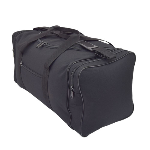 Black Large Square Duffel with top handles, shoulder strap, main center pocket, small front pocket, and end pocket.