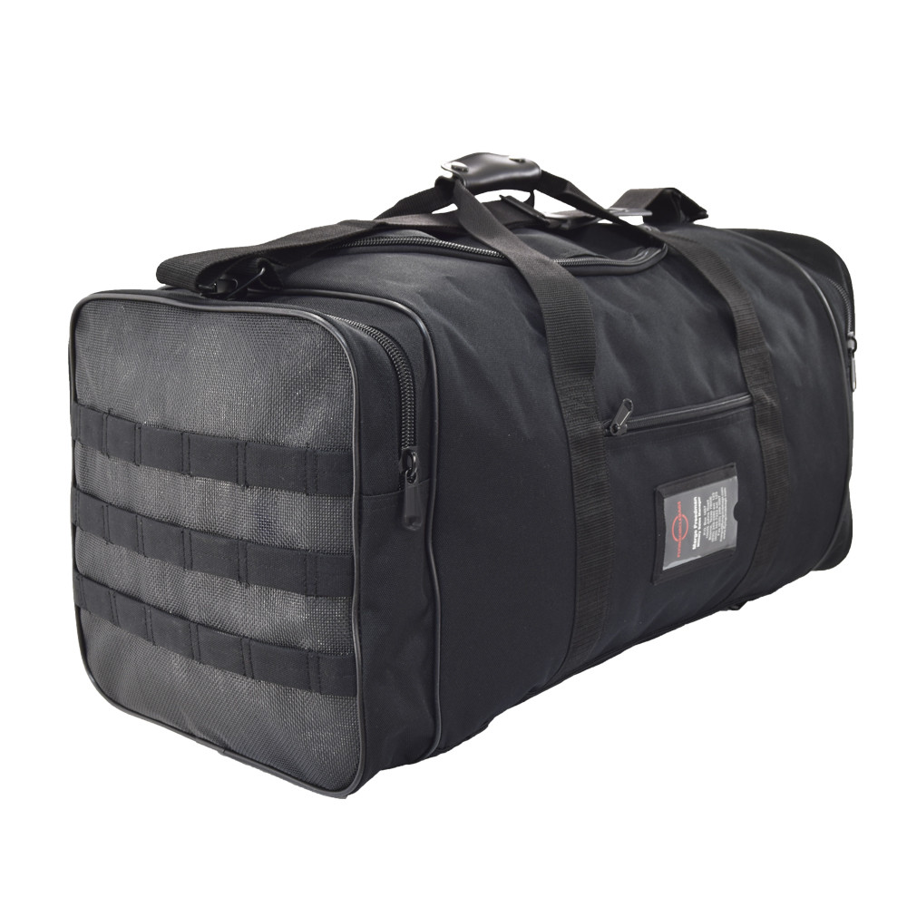 Mesh corner pocket with MOLLE webbing to store damp items or tennis shoes.
