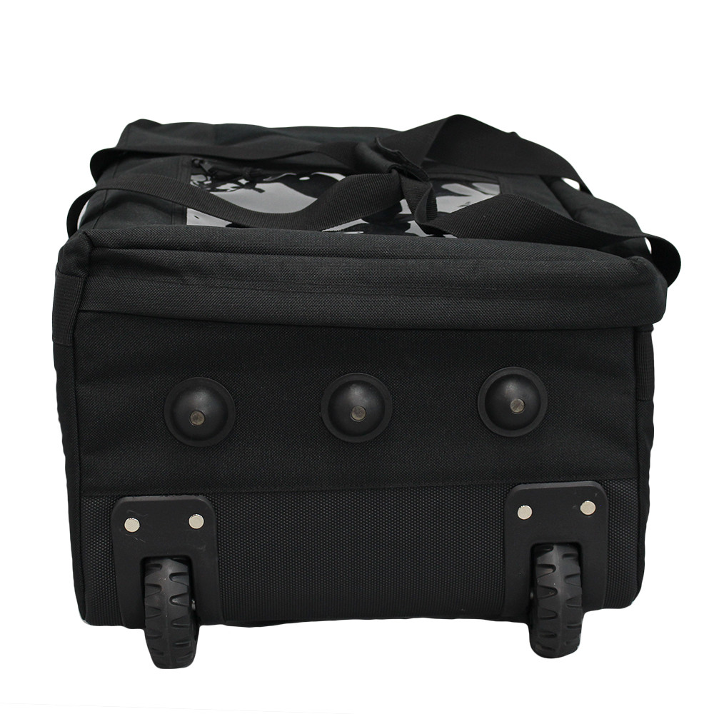Mini Buffalo Rolling Duffel in Black, bottom view with three feet and two wheels.