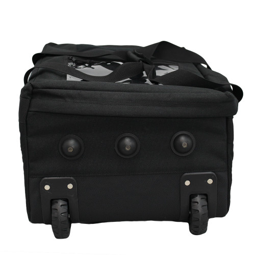 Mini Buffalo Rolling Duffel in Black, bottom view with three feet and two wheels.