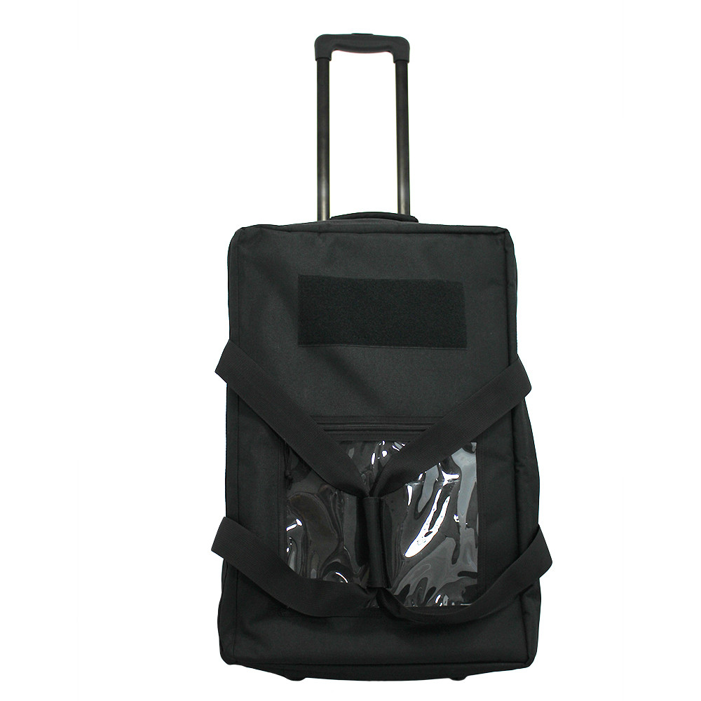 Mini Buffalo Rolling Duffel in Black, front view standing with retractable handle extended.