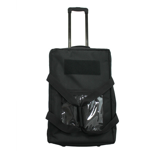 Mini Buffalo Rolling Duffel in Black, front view standing with retractable handle extended.