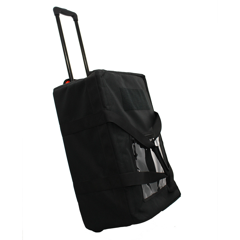 Mini Buffalo Rolling Duffel in Black, side view standing with retractable handle extended.