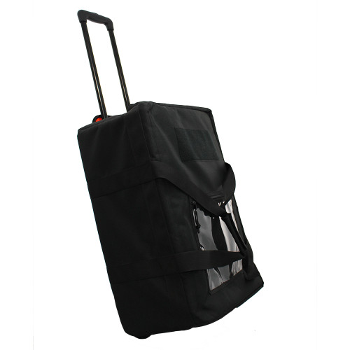 Mini Buffalo Rolling Duffel in Black, side view standing with retractable handle extended.