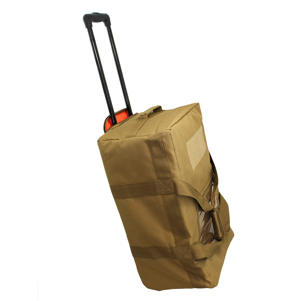 Mini Buffalo Rolling Duffel in Coyote Brown, side view standing with retractable handle extended.