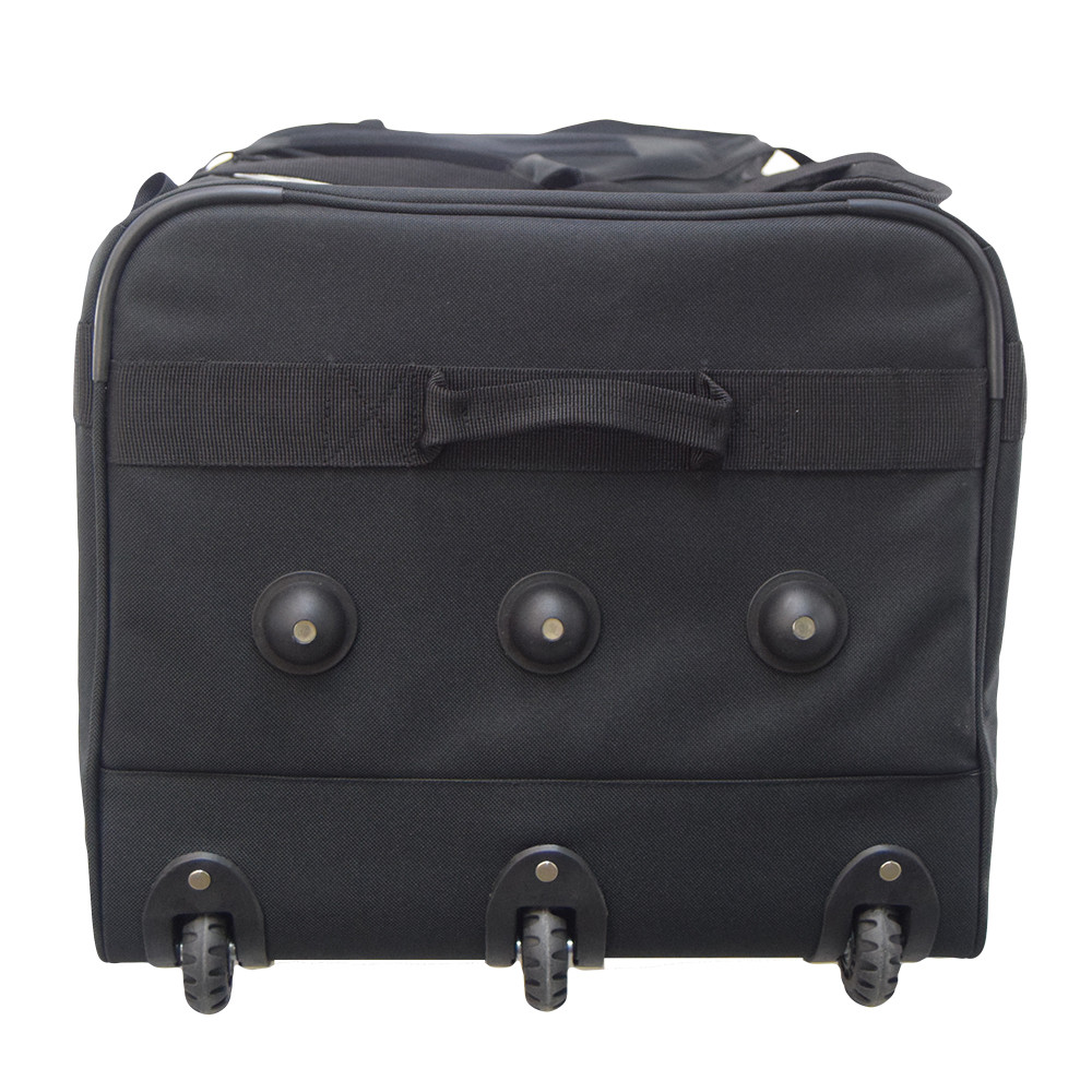 Bottom view of black Buffalo Duffel with three rolling wheels for weight distribution & three feet that provide stability when bag is upright.
