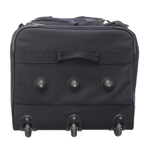 Bottom view of black Buffalo Duffel with three rolling wheels for weight distribution & three feet that provide stability when bag is upright.
