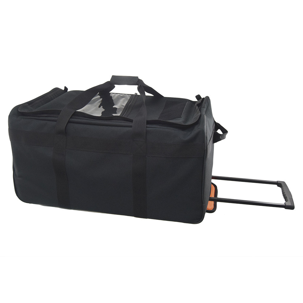 Black Buffalo Rolling Duffel laying on side with pull handles on both ends, top handles with handle wrap, and retractable locking telescoping handle.