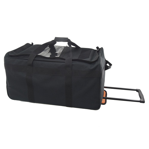 Black Buffalo Rolling Duffel laying on side with pull handles on both ends, top handles with handle wrap, and retractable locking telescoping handle.