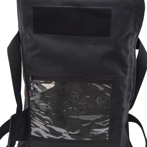 Close up of the black Buffalo Duffel with Velcro® for patches and name tape & extra-large clear vinyl document window on lid.