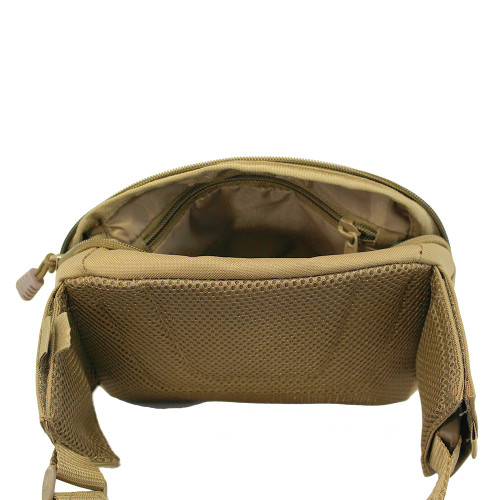 EDC Sling Bag & Waist Pack in Coyote Brown main compartment unzipped with interior zipper pocket.