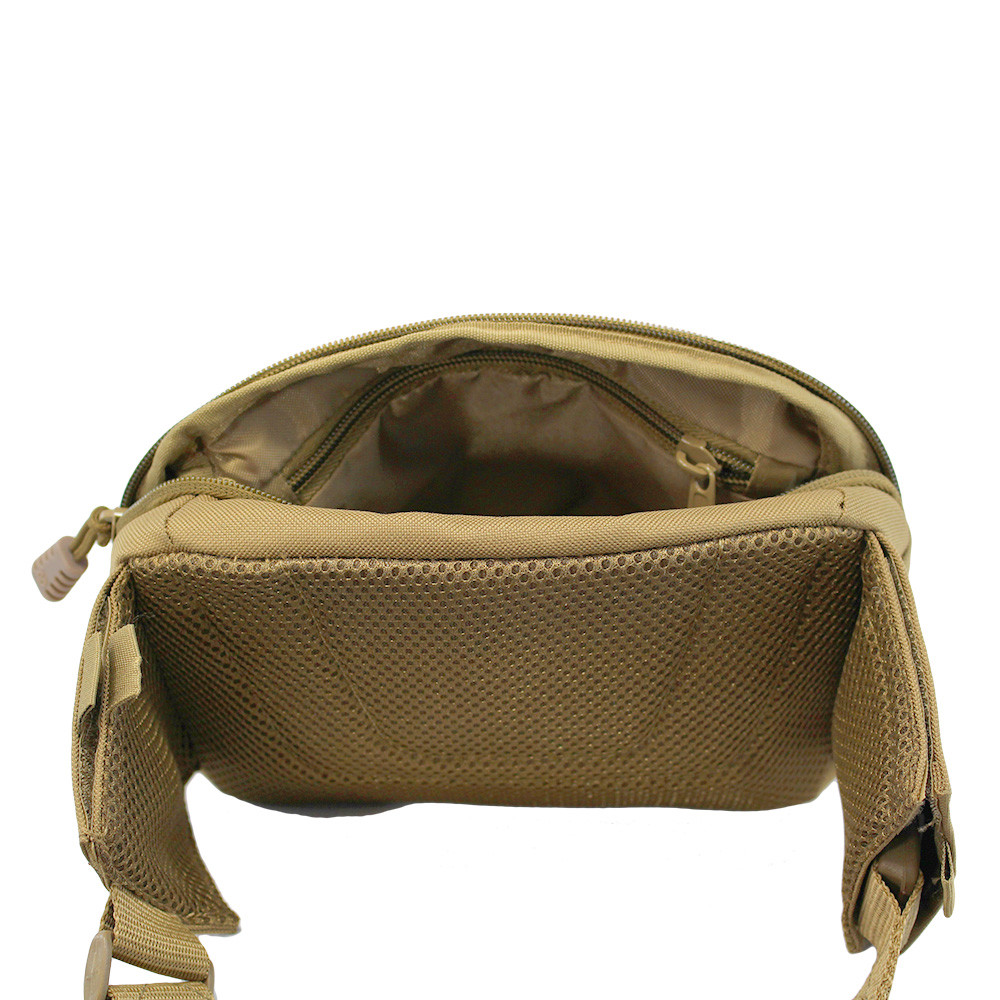 EDC Sling Bag & Waist Pack in Coyote Brown main compartment unzipped with interior zipper pocket.