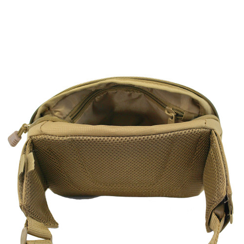 EDC Sling Bag & Waist Pack in Coyote Brown main compartment unzipped with interior zipper pocket.