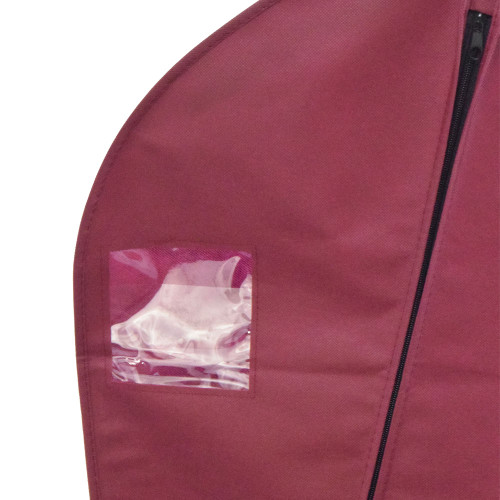 Close up of Garment Bag in maroon with clear pocket for business card or ID.
