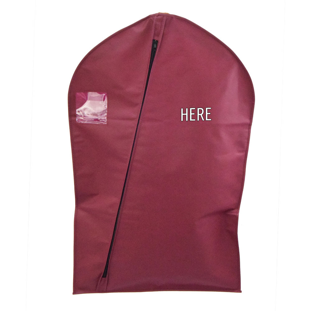 Garment Bag in maroon monogram placement on right side.